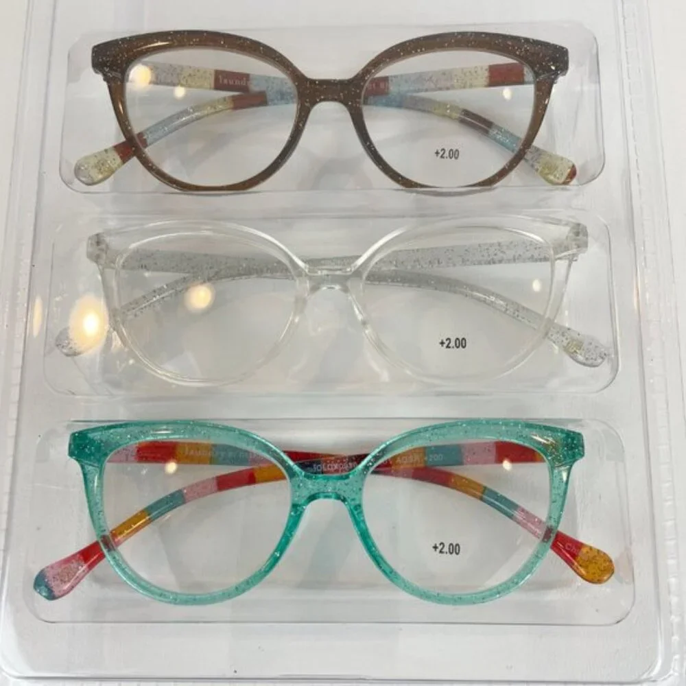 Laundry by Design +2.00 Reading Glasses Glitter Aqua Clear Brown Striped